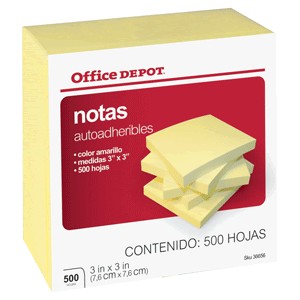 NOTAS AUTOADHERIBLES AMARILLO 3X3 OFFICE DEPOT