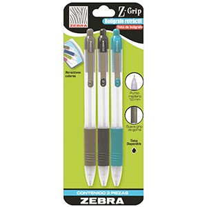 PLUMA RETRACTIL ZEBRA Z-GRIP COLORES CON 3 PIEZAS